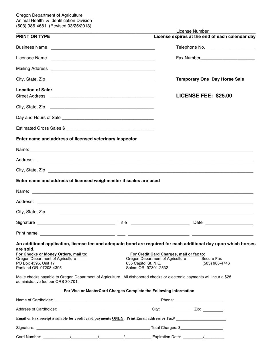 Oregon OneDay Horse Sale License Application Download Printable PDF Templateroller