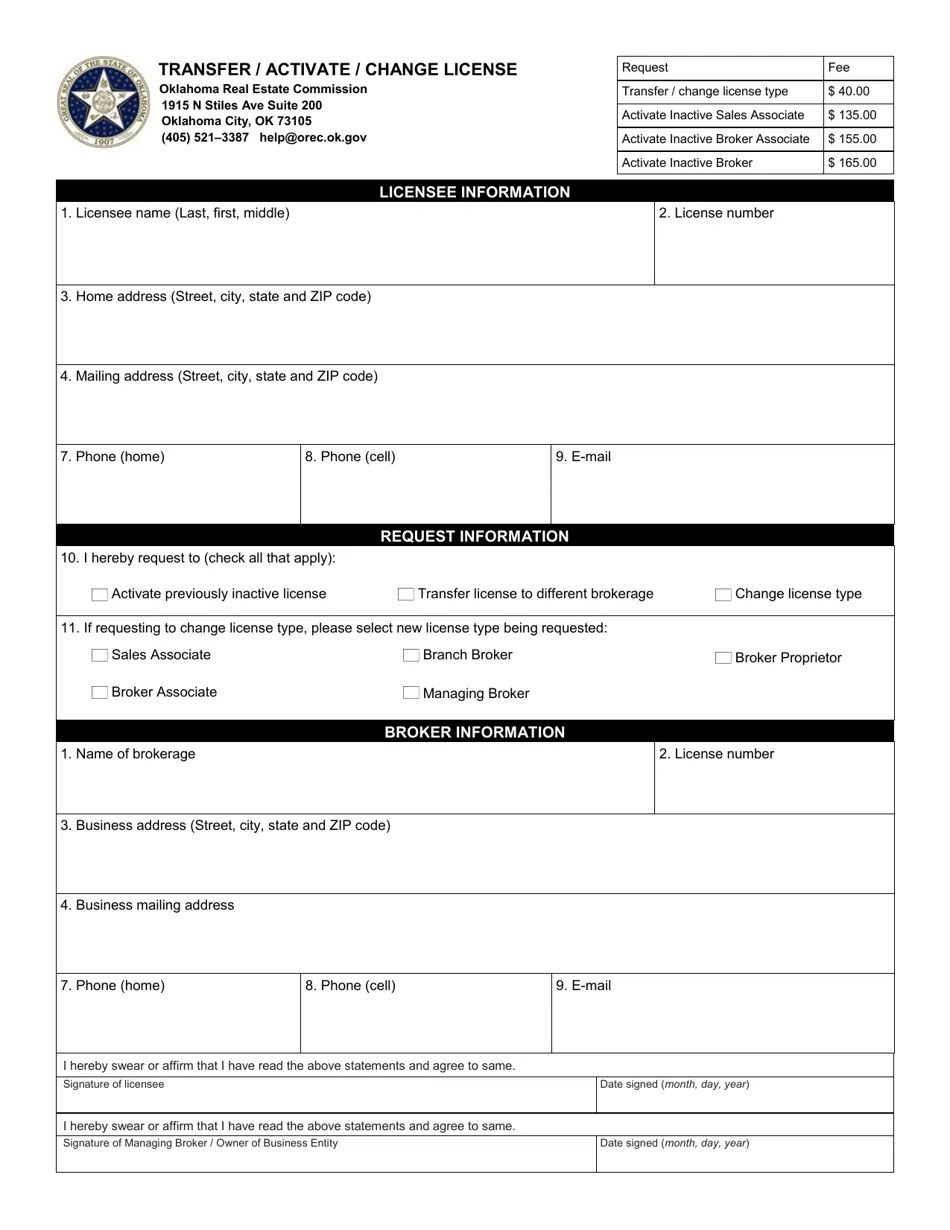 Oklahoma Transfer/Activate/Change License Fill Out, Sign Online and