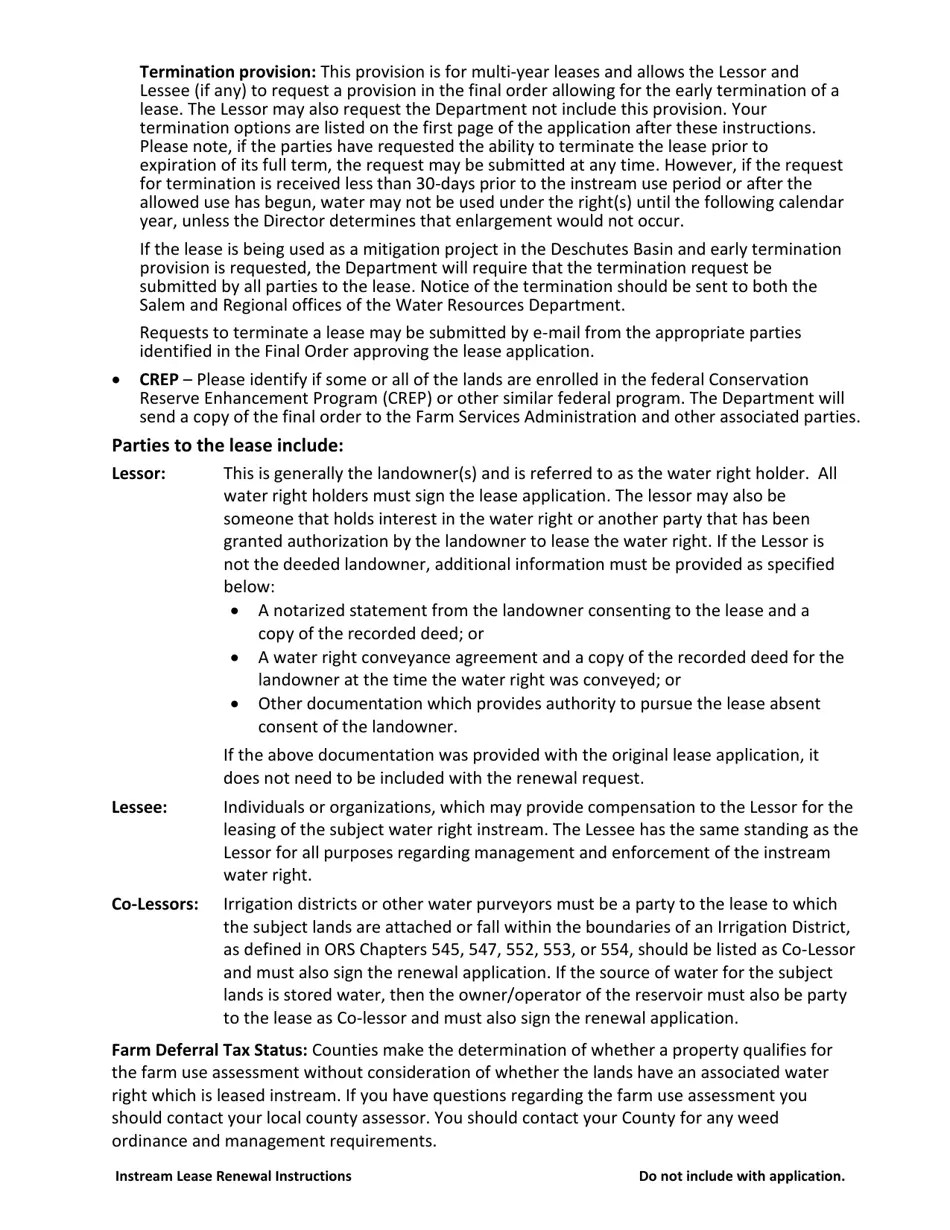 Oregon Instream Lease Renewal Application (Standard or District) Fill