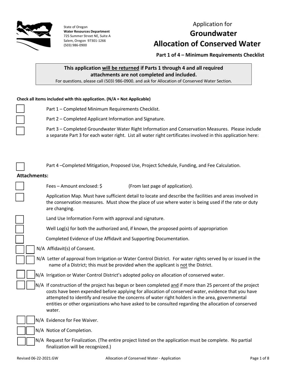 Oregon Allocation of Conserved Water Groundwater Application Fill