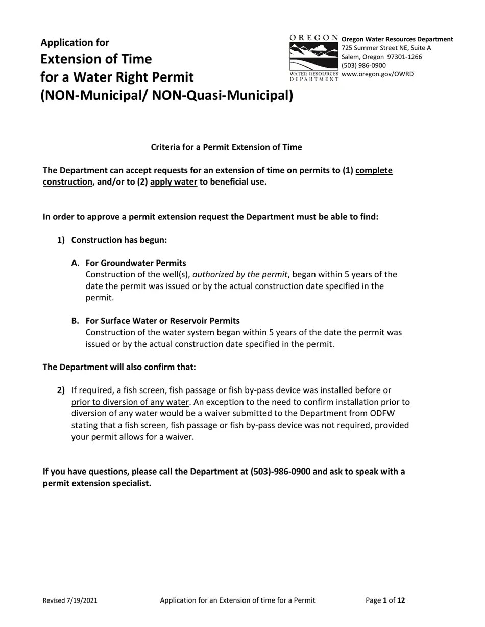 Oregon Application for Extension of Time for a Water Right Permit (Non
