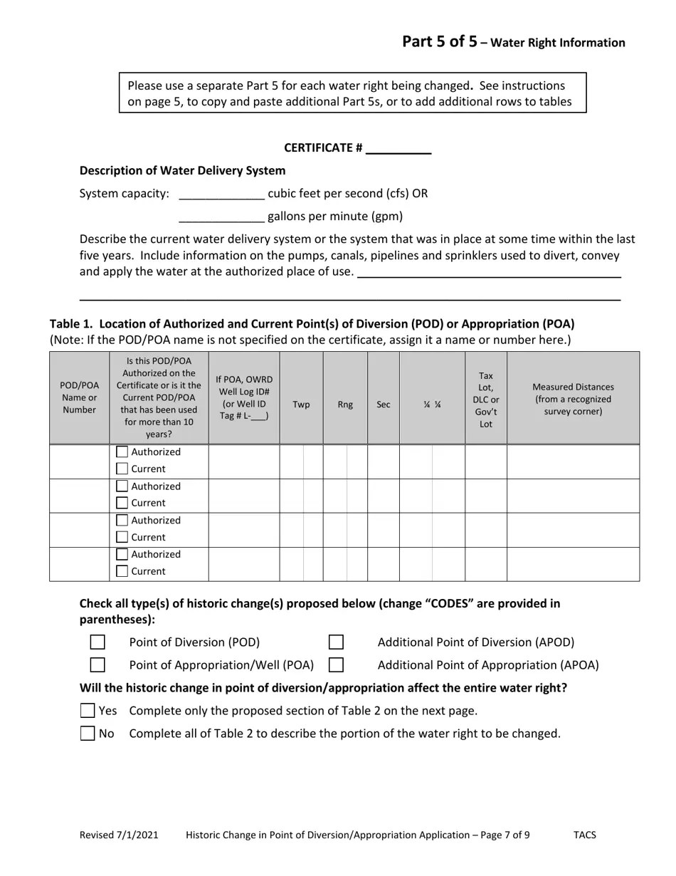 Oregon Application for Historic Change in Point of Diversion