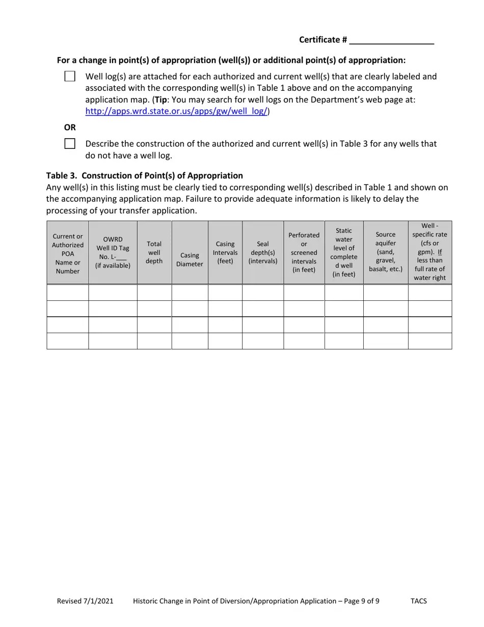 Oregon Application for Historic Change in Point of Diversion