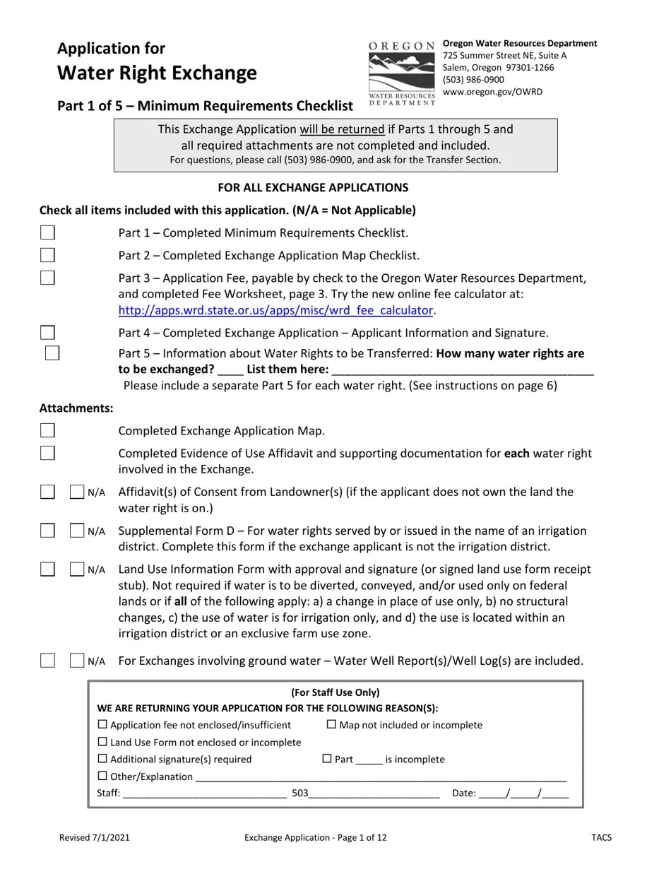 Oregon Application for Water Right Exchange Download Printable PDF