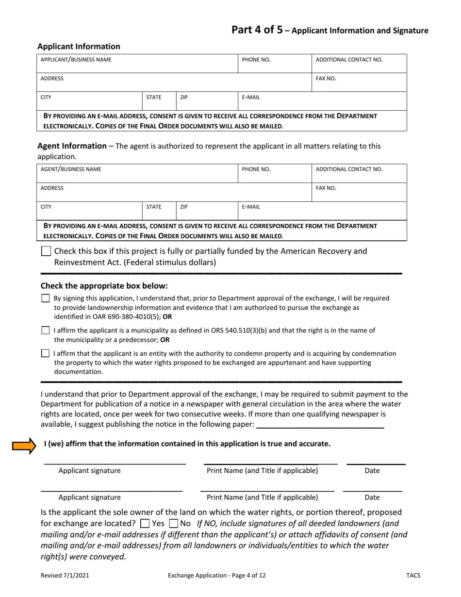 Oregon Application for Water Right Exchange Download Printable PDF