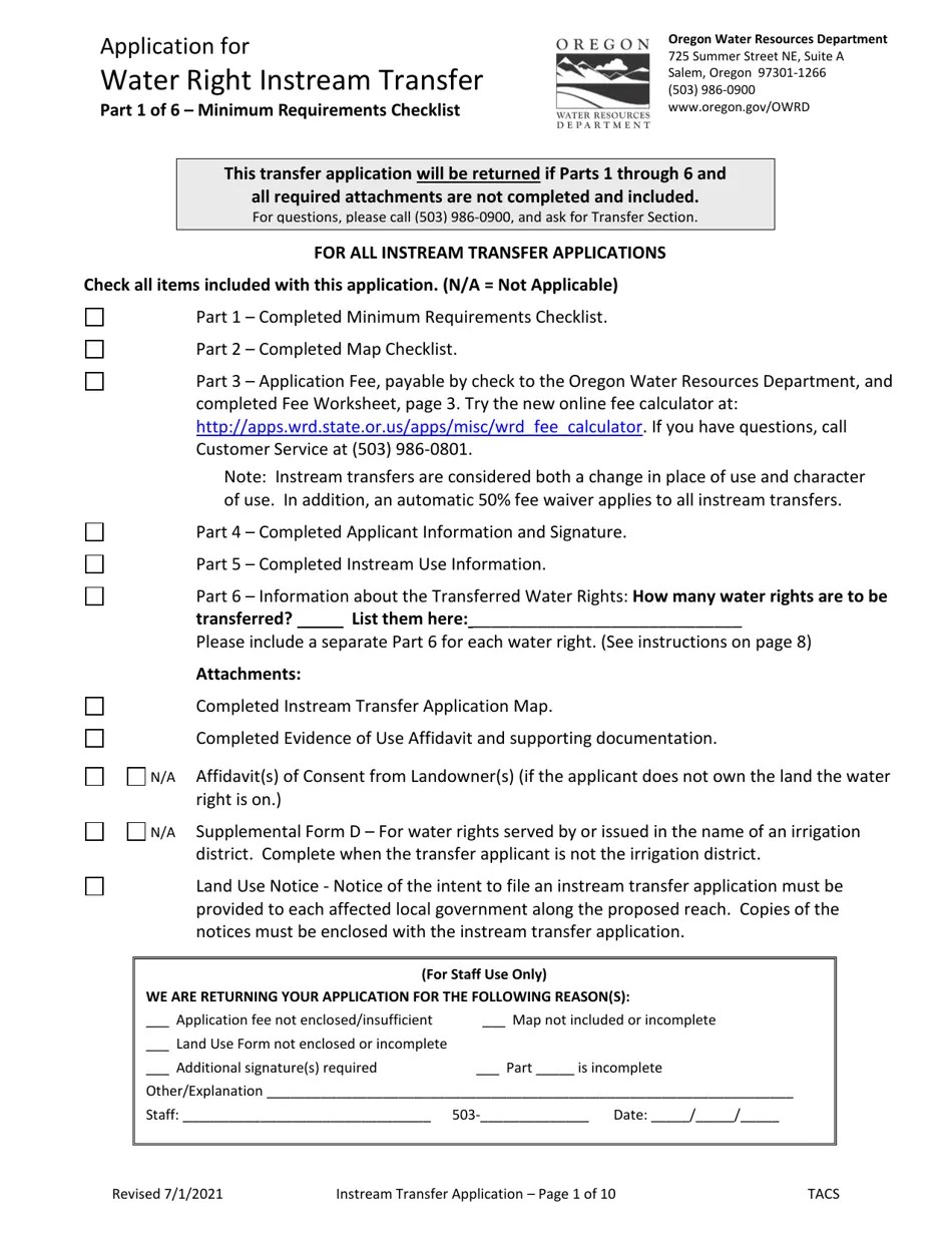 Oregon Application for Water Right Instream Transfer Fill Out, Sign