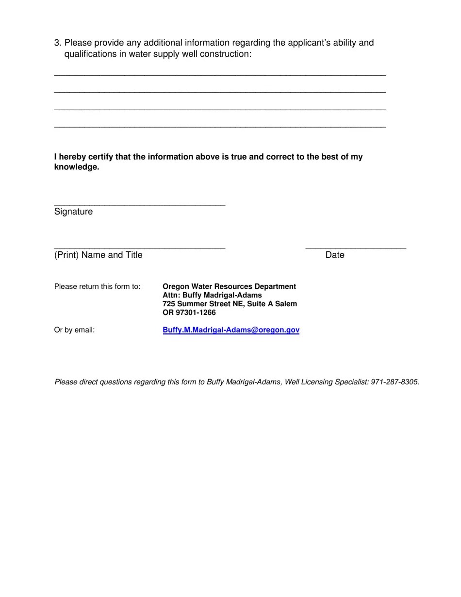 Oregon Water Supply Well Construction Experience Questionnaire Fill