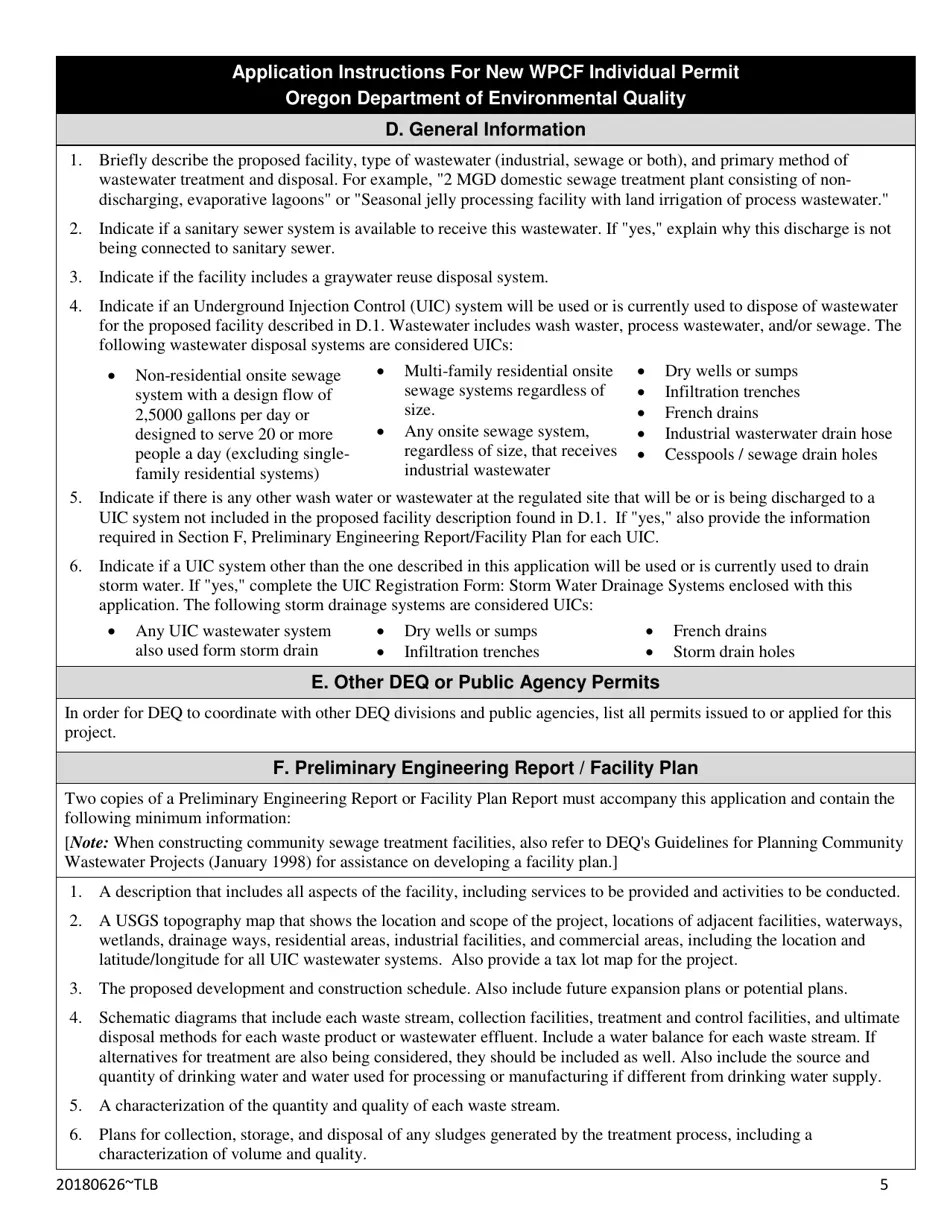 Oregon Application for New Water Pollution Control Facilities