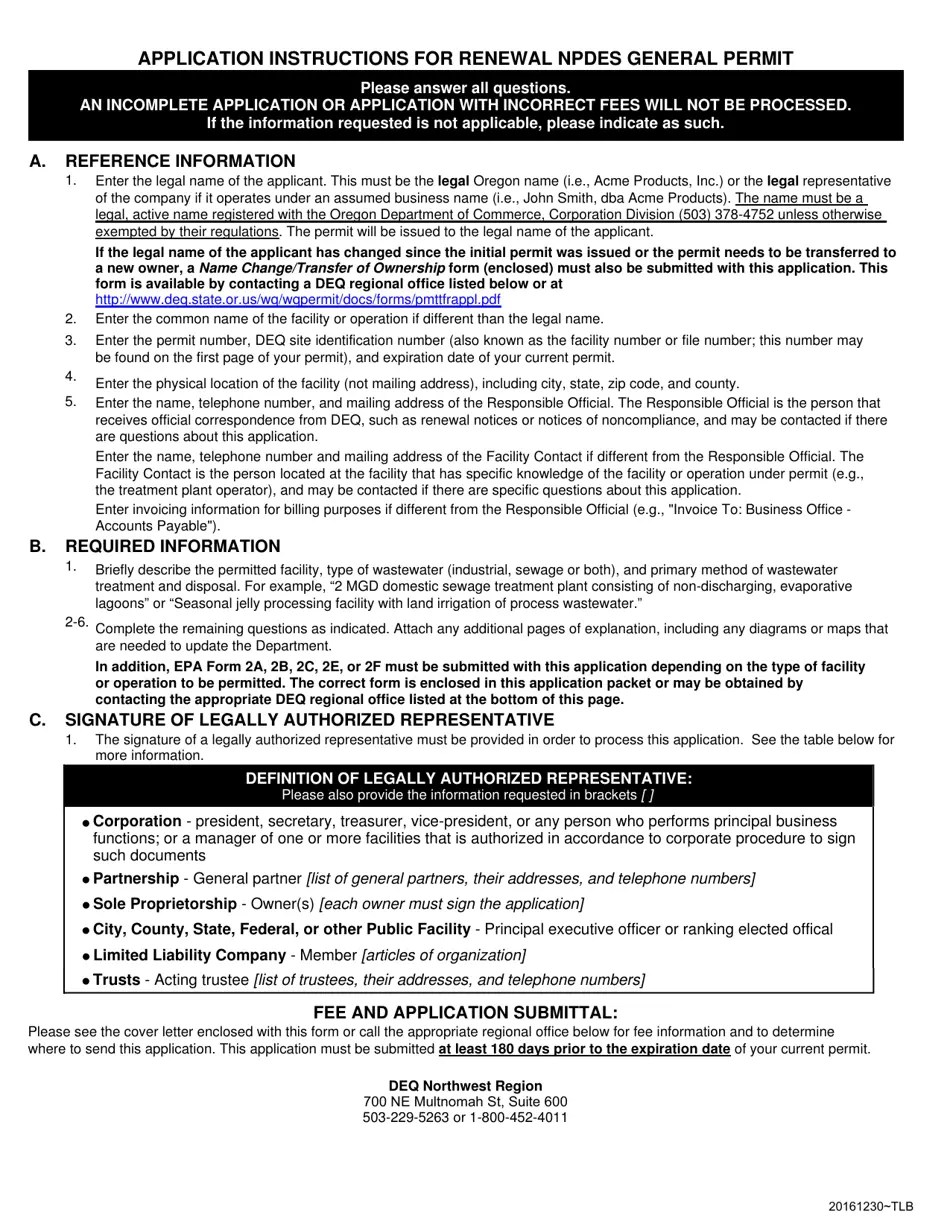 Oregon Renewal Application National Pollutant Discharge Elimination