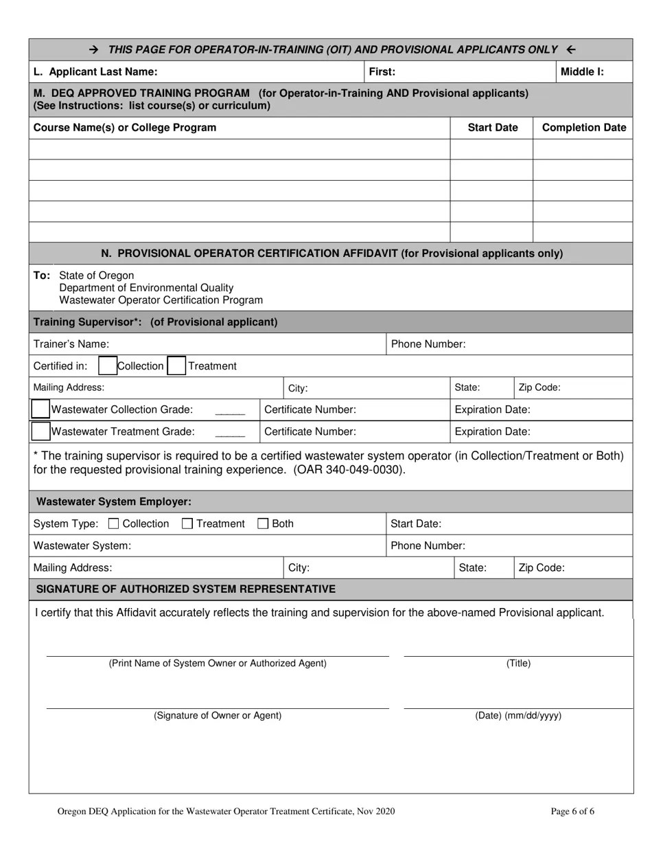 Oregon Application for the Wastewater Operator Treatment Certificate Grades IIv Fill Out