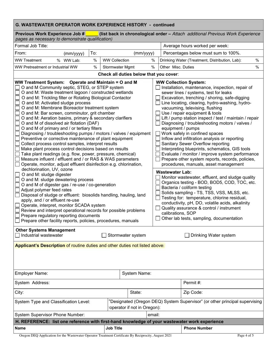 Oregon Application for the Wastewater Operator Treatment Certificate by