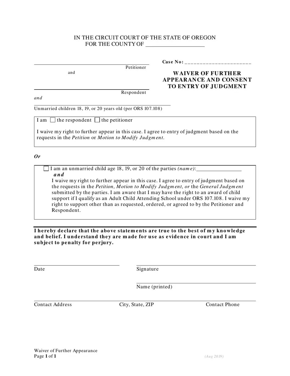 Oregon Waiver of Further Appearance and Consent to Entry of Judgment Fill Out, Sign Online and