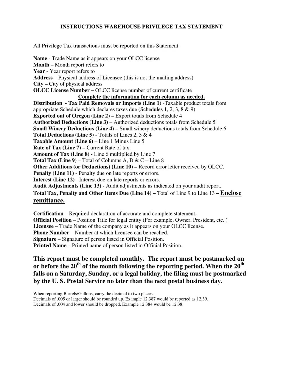 Oregon Warehouse Privilege Tax Statement Fill Out, Sign Online and