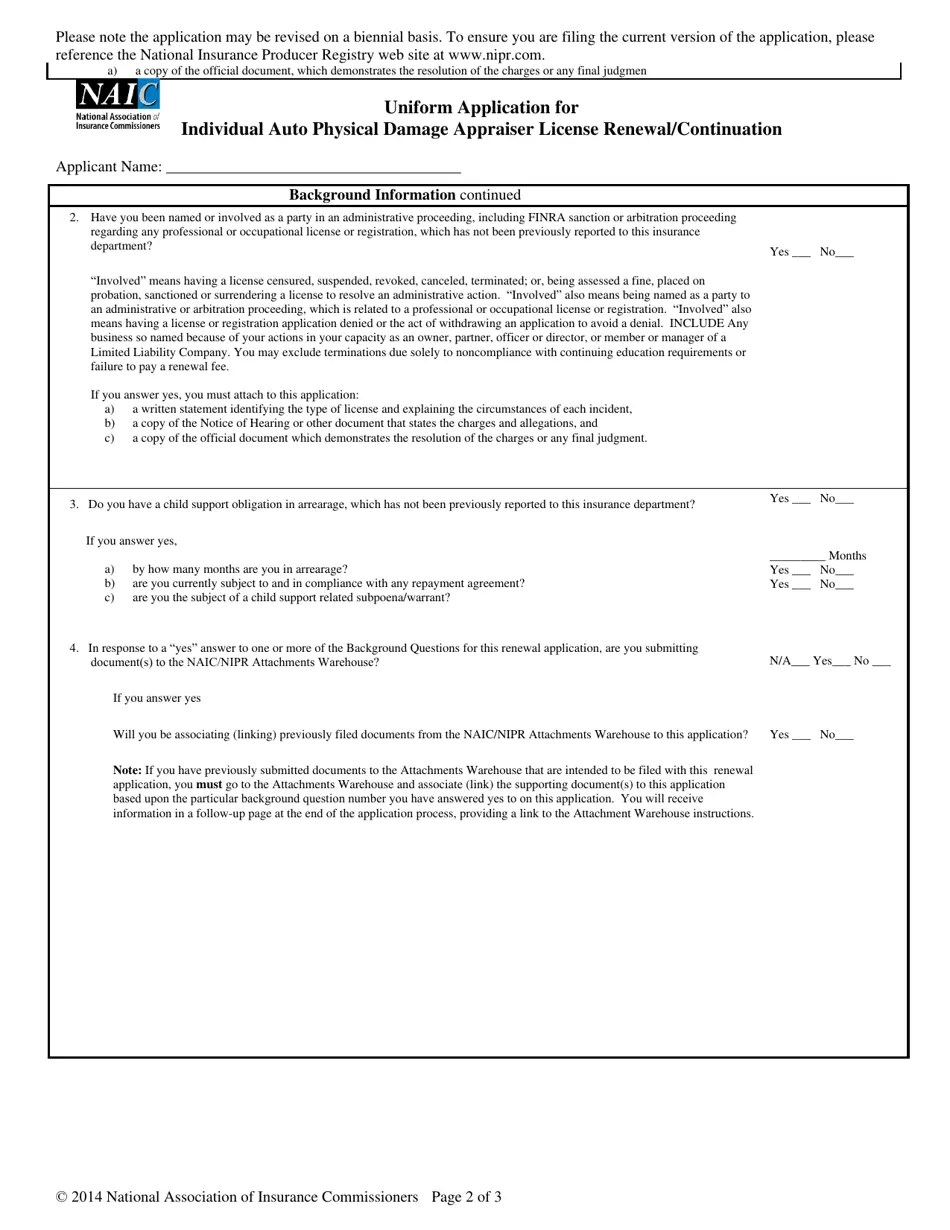 Uniform Application for Individual Auto Physical Damage Appraiser
