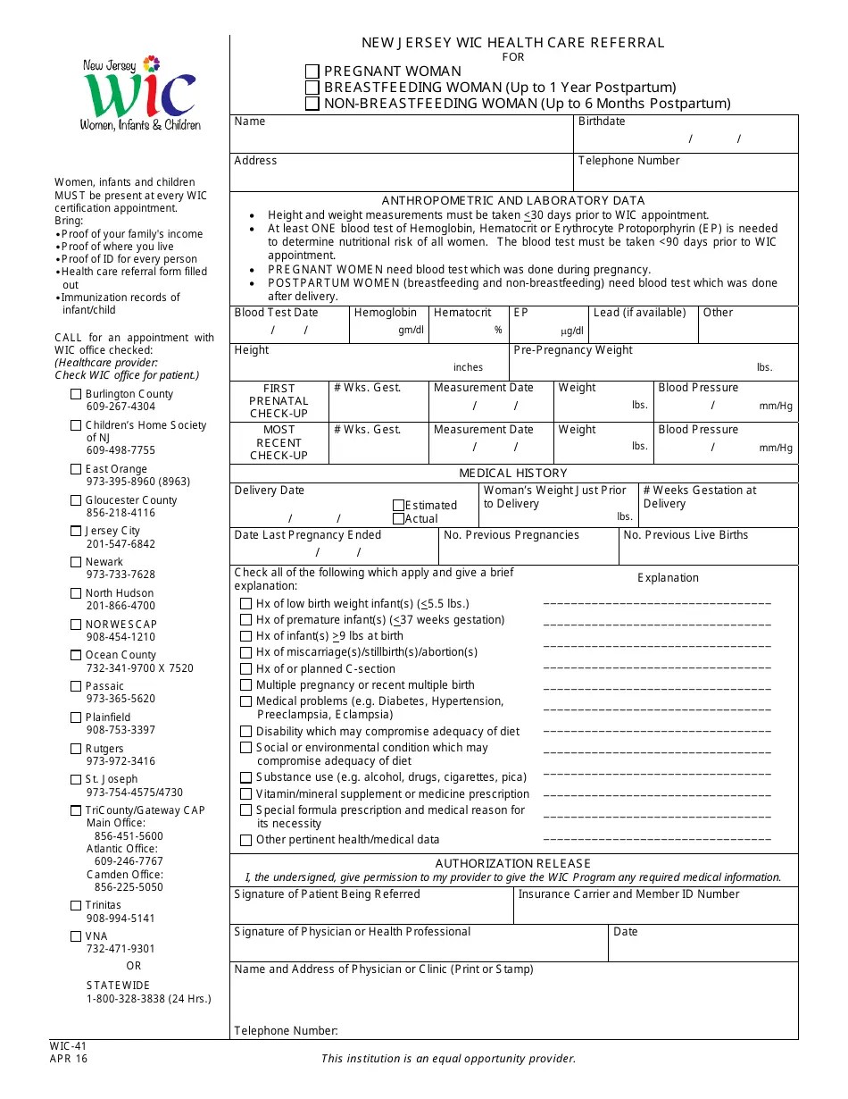 Form WIC41 Fill Out, Sign Online and Download Printable PDF, New
