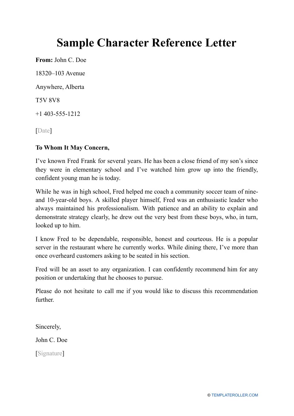 Sample Character Reference Letter Download Printable PDF Templateroller