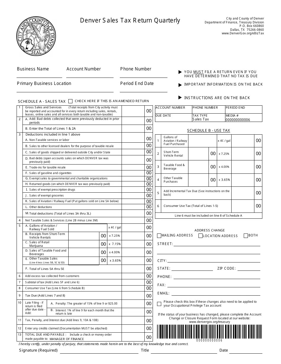 City and County of Denver, Colorado Sales Tax Return Quarterly Form