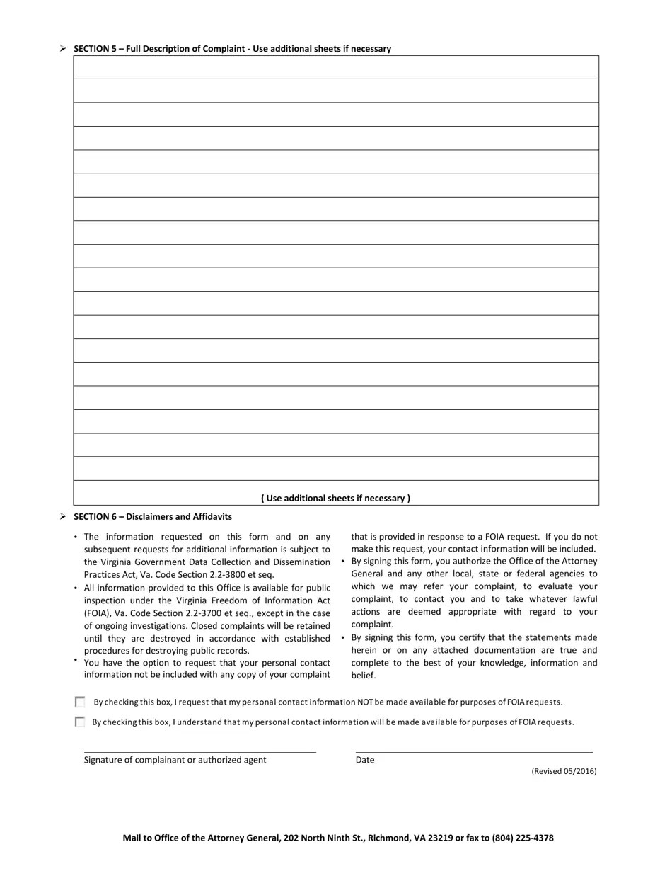 Virginia Official Consumer Complaint Form Fill Out, Sign Online and