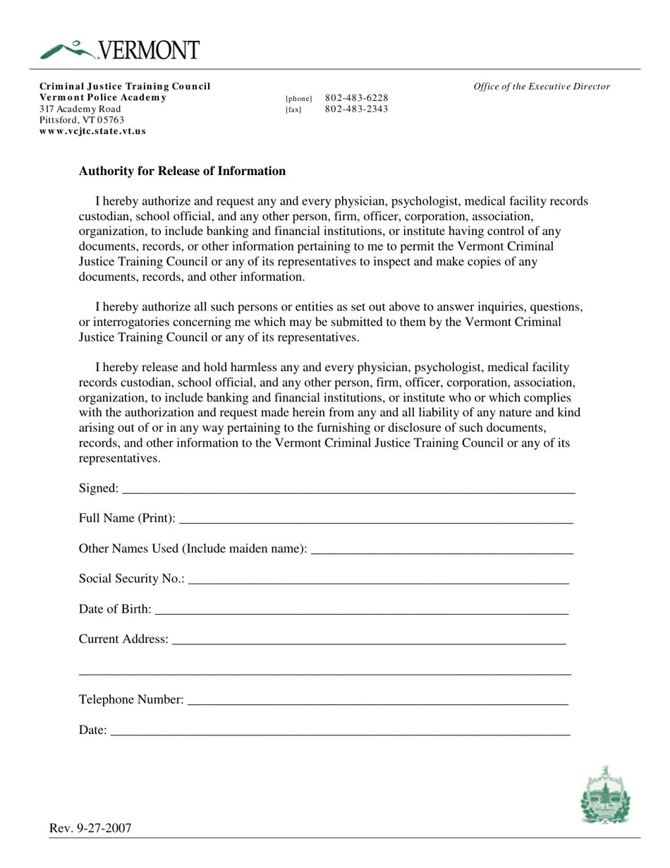 Vermont Authority for Release of Information Fill Out, Sign Online and Download PDF