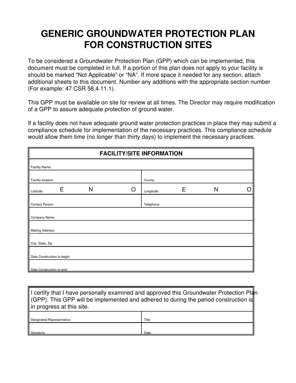 West Virginia Generic Groundwater Protection Plan for Construction