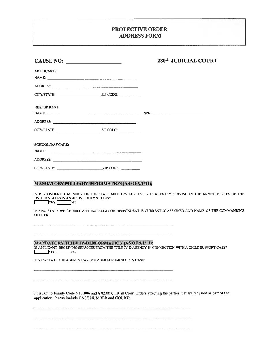 Harris County, Texas Protective Order Address Form Fill Out, Sign
