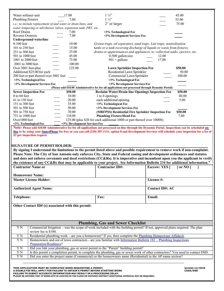 City of San Antonio, Texas Plumbing, Gas and Sewer Permit Fill Out