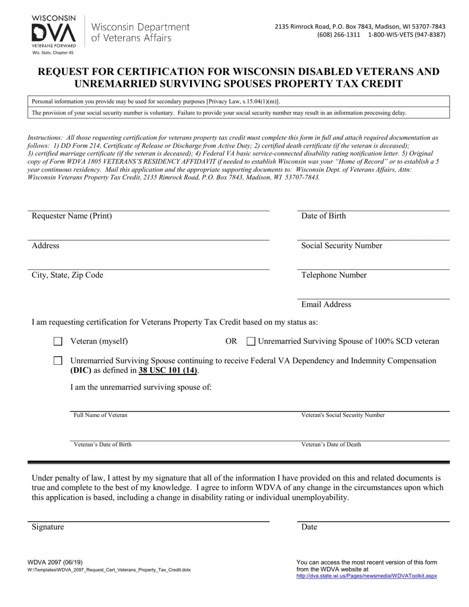 Form WDVA2097 Fill Out, Sign Online and Download Fillable PDF