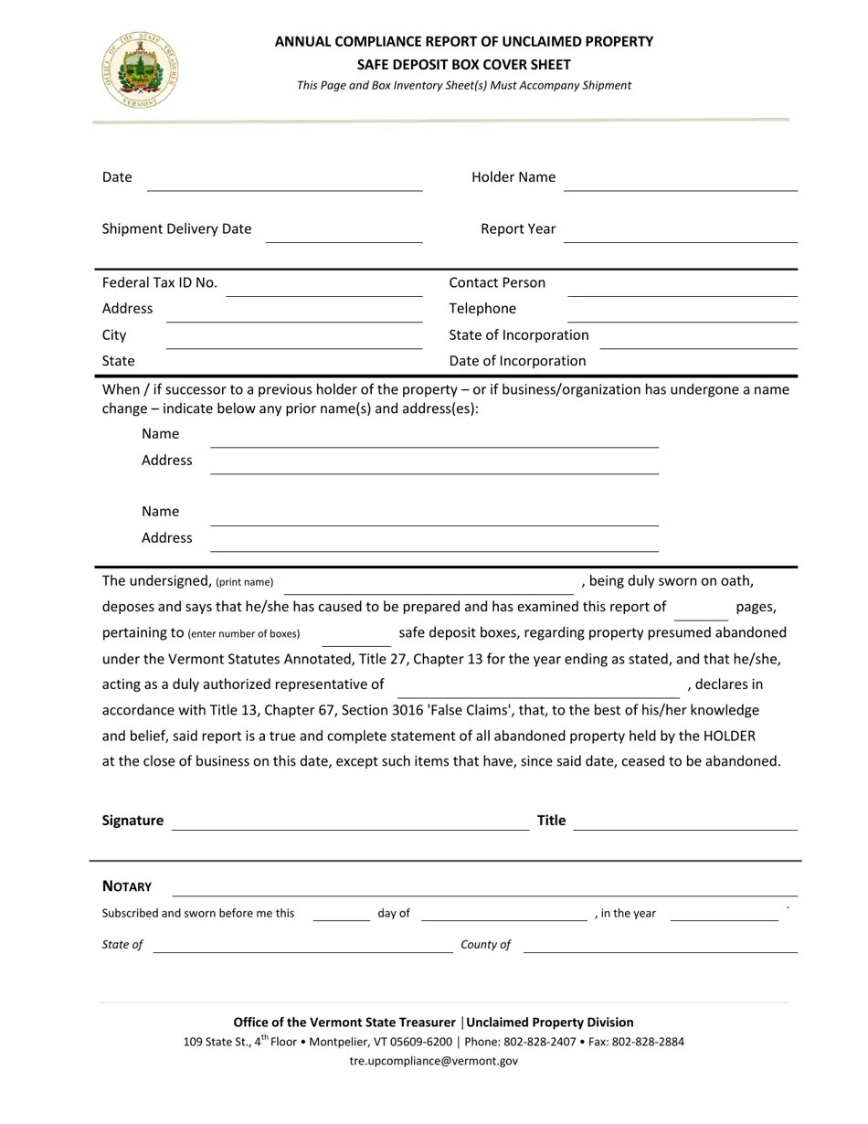 Vermont Safe Deposit Box Cover Sheet Annual Compliance Report of