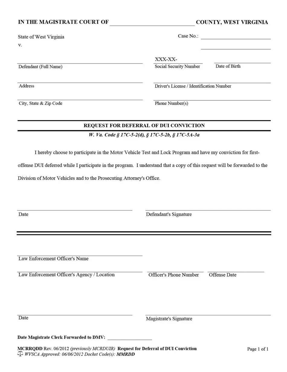 West Virginia Request for Deferral of Dui Conviction Download Fillable