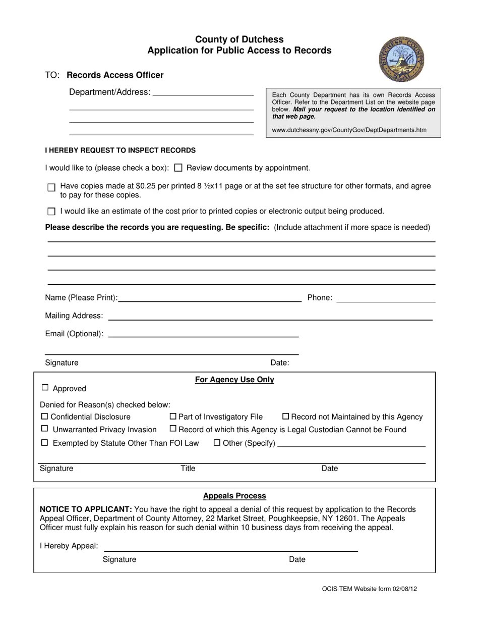 County of Dutchess, New York Application for Public Access to Records