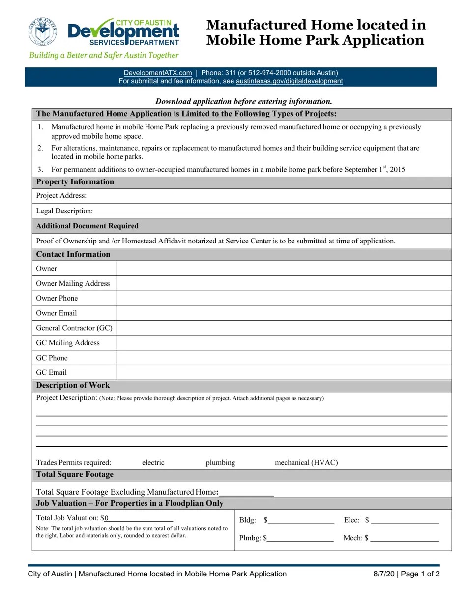 City of Austin, Texas Manufactured Home Located in Mobile Home Park Application Fill Out, Sign