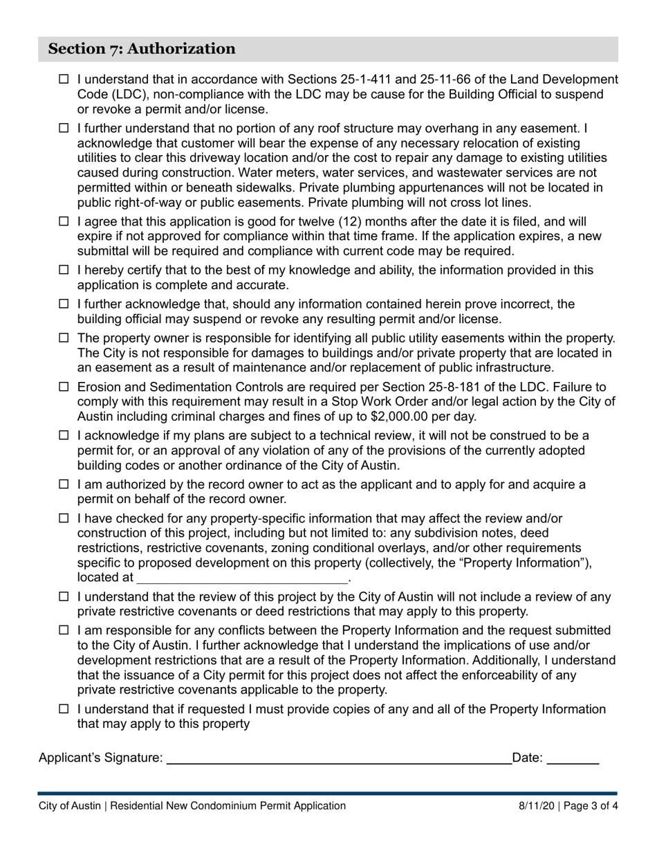 City of Austin, Texas Residential New Condominium Permit Application