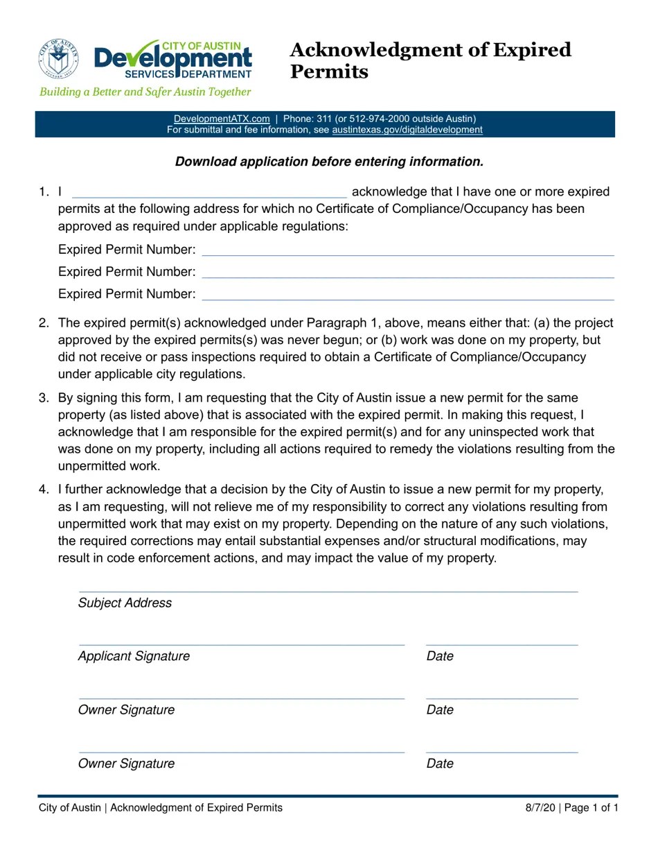 City of Austin, Texas Acknowledgment of Expired Permits Fill Out, Sign Online and Download PDF