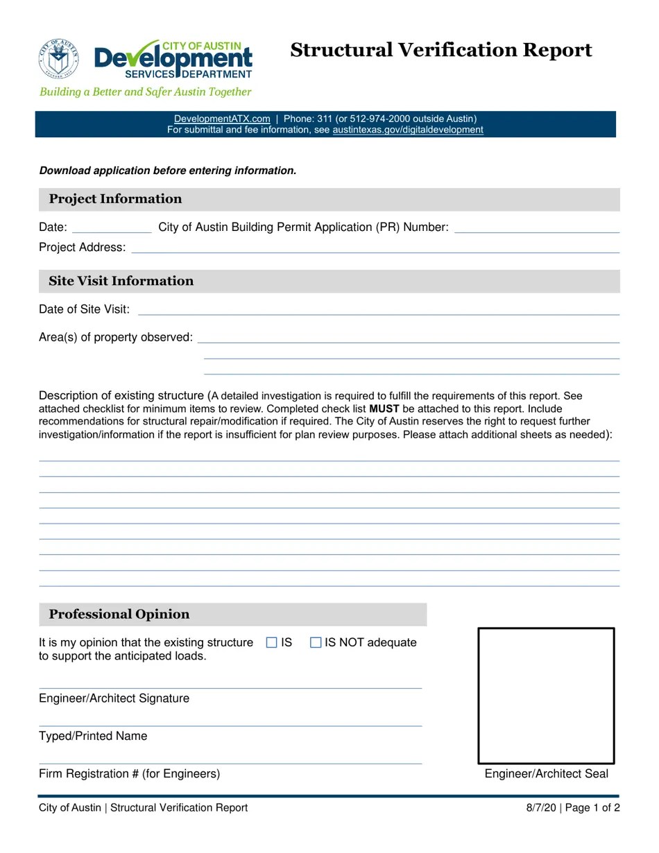 City of Austin, Texas Structural Verification Report Fill Out, Sign
