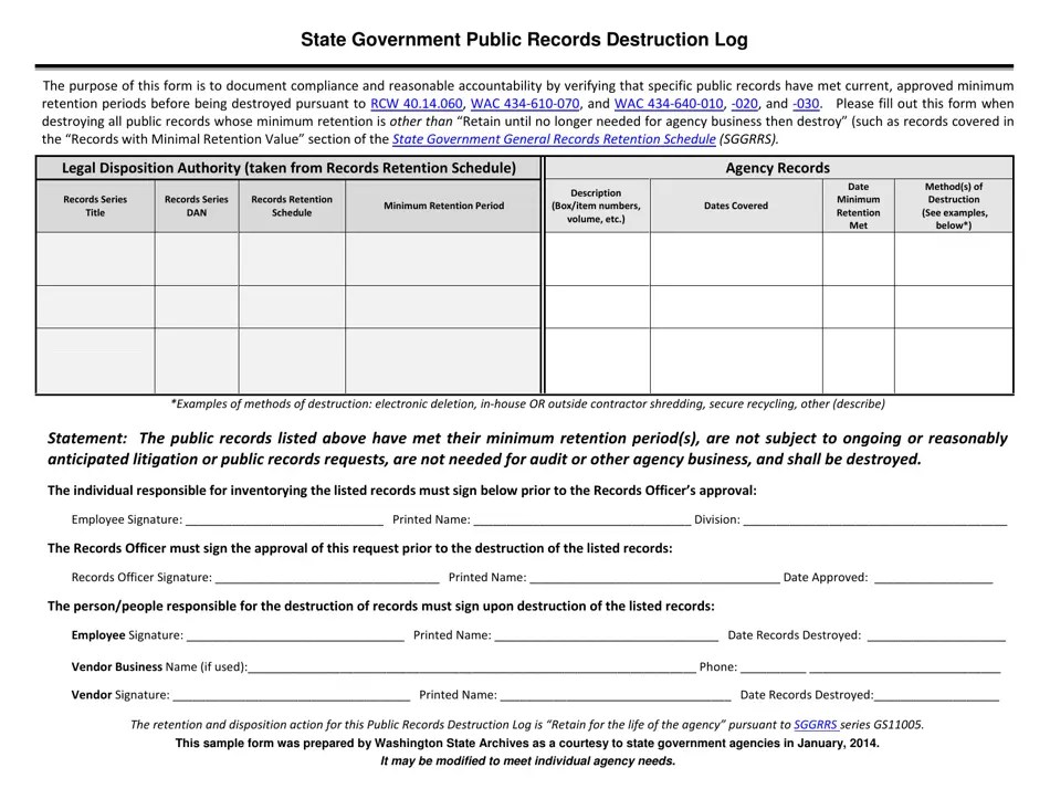 Washington State Government Public Records Destruction Log Fill Out, Sign Online and Download