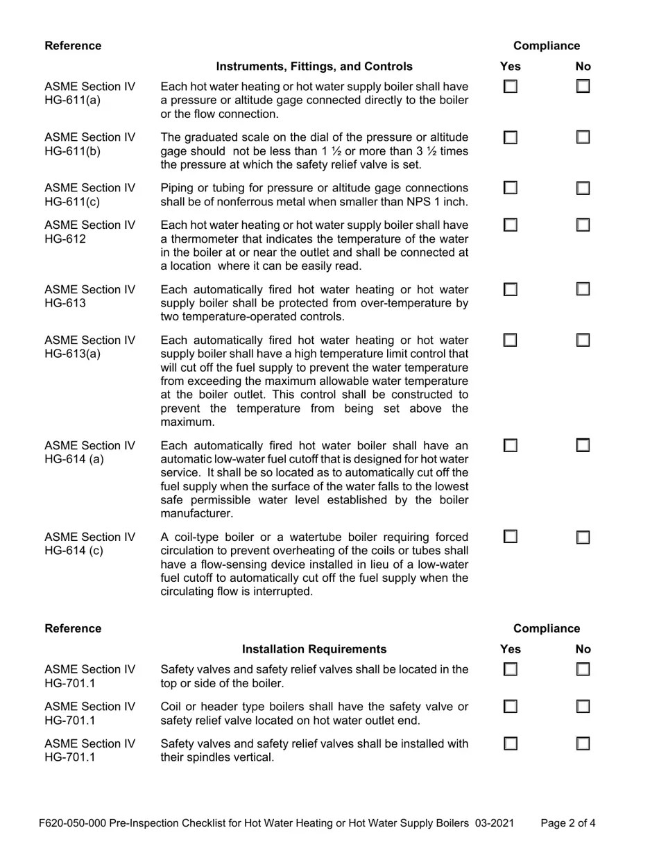 Form F620050000 Download Fillable PDF or Fill Online Preinspection Checklist for Hot Water