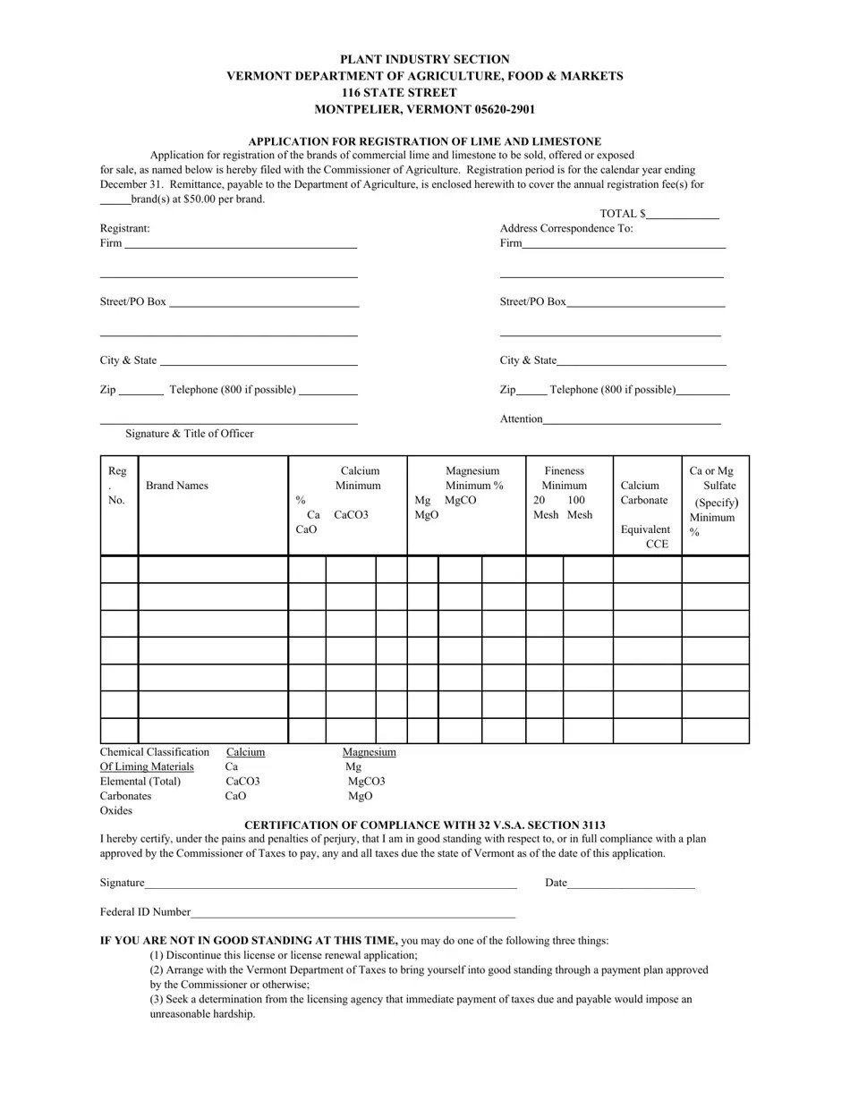 Vermont Application for Registration of Lime and Limestone Fill Out, Sign Online and Download