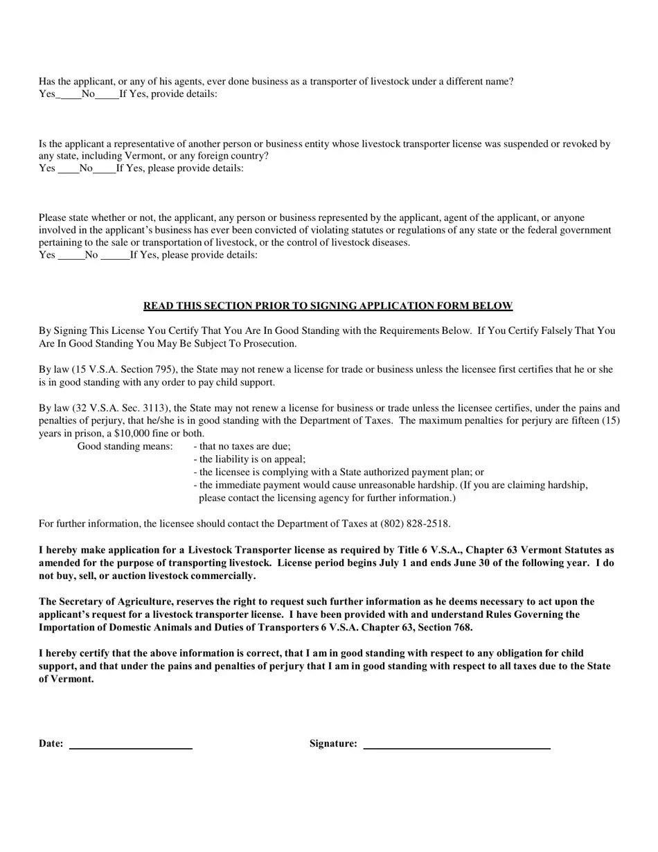 Vermont Application for Livestock Transporter License Fill Out, Sign