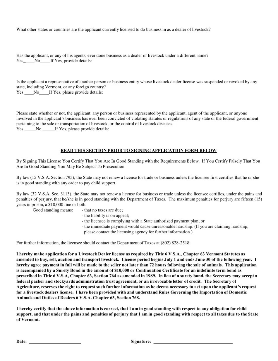 Vermont Application for Livestock Dealer License Download Printable PDF