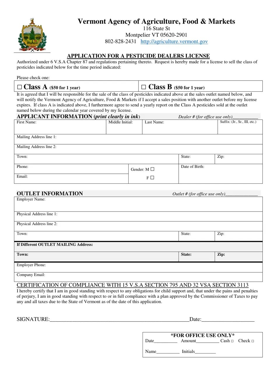 Vermont Application for a Pesticide Dealers License Fill Out, Sign
