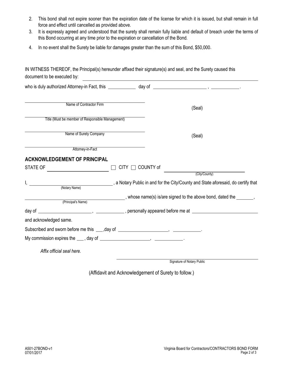 Form A50127BOND Fill Out, Sign Online and Download Fillable PDF, Virginia Templateroller