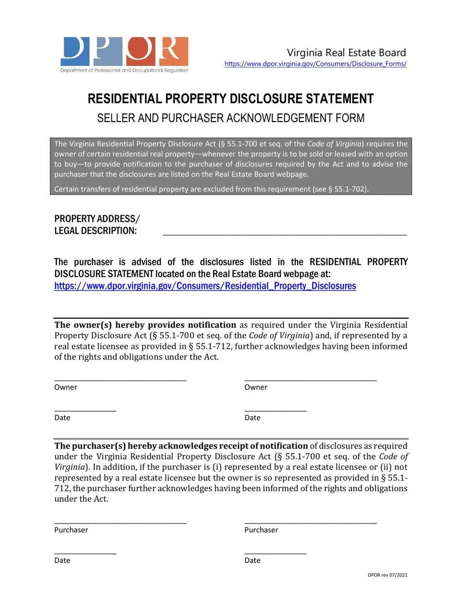 Virginia Residential Property Disclosure Statement Seller and Purchaser