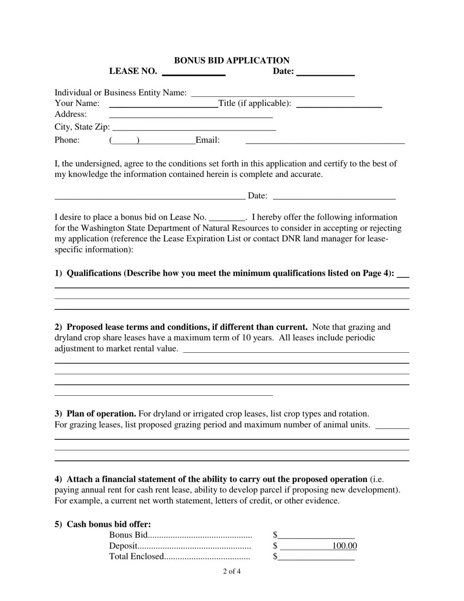 Washington Bonus Bid Application Fill Out, Sign Online and Download