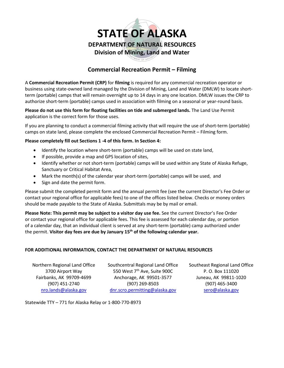 Alaska Commercial Recreation Permit Filming Fill Out, Sign Online