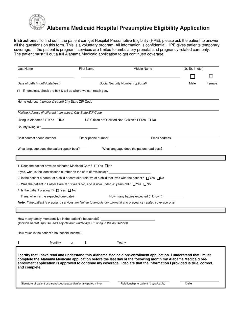 Alabama Alabama Medicaid Hospital Presumptive Eligibility Application