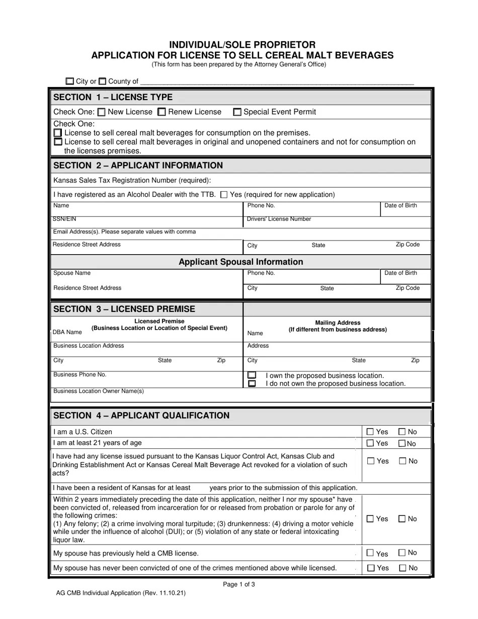 Kansas Individual/Sole Proprietor Application for License to Sell