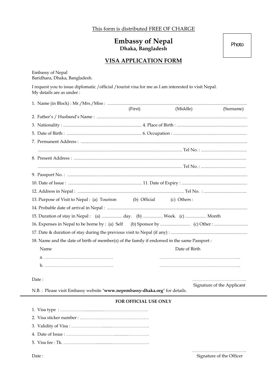 Dhaka Bangladesh Nepal Visa Application Form Embassy of Nepal Fill