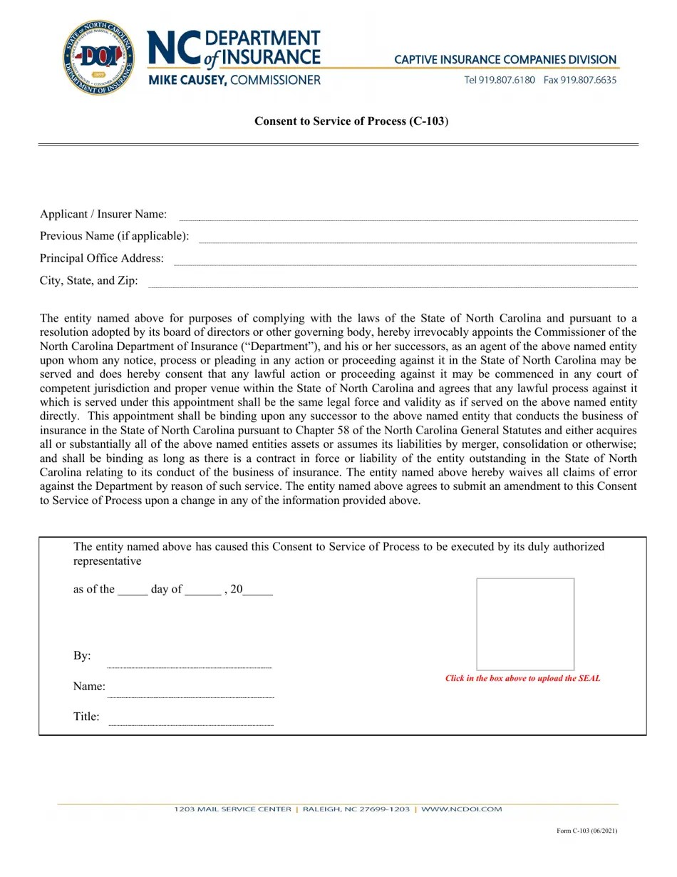 Form C103 Fill Out, Sign Online and Download Fillable PDF, North