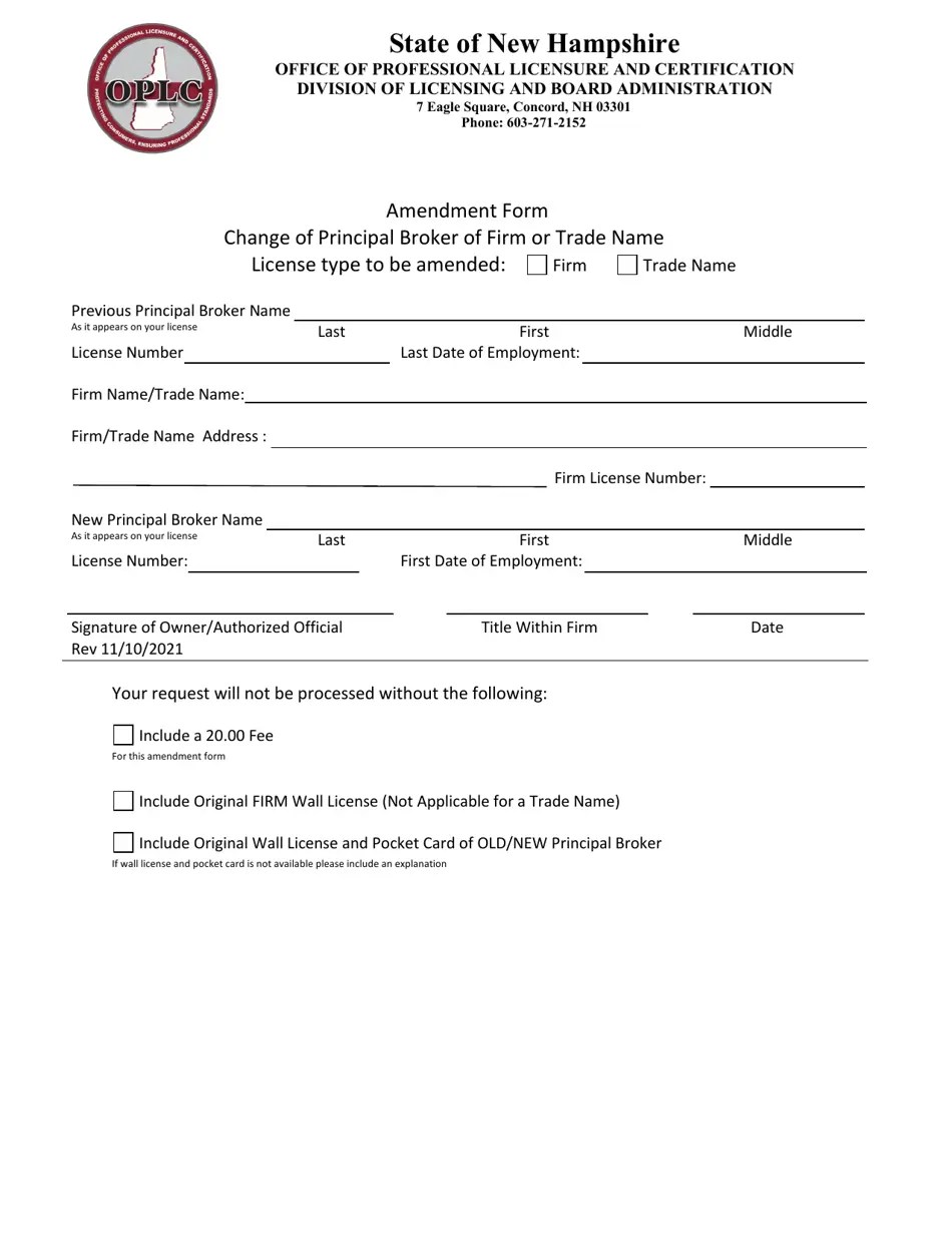 New Hampshire Amendment Form Change of Principal Broker of Firm or