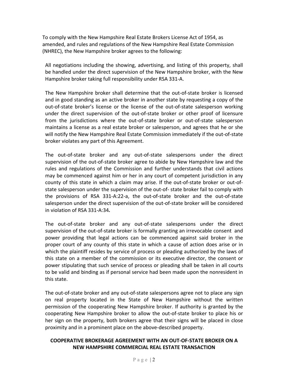 New Hampshire Cooperative Brokerage Agreement With an OutofState